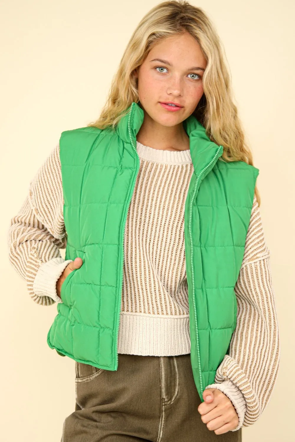 Women's Quilted Puffer Vest - Kelly Green