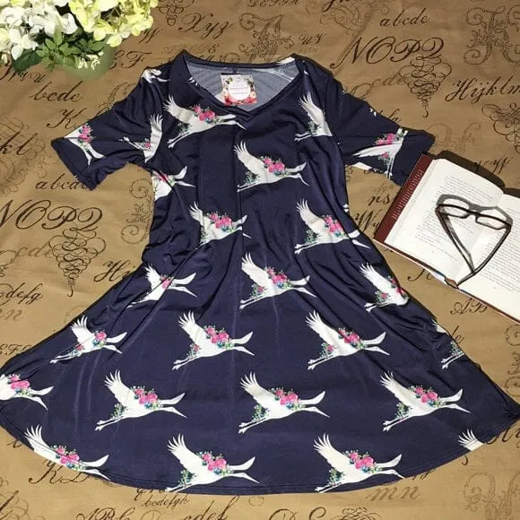 Womens Stork Print Dress | Longer Tunic Top | Navy Blue Mini Dress