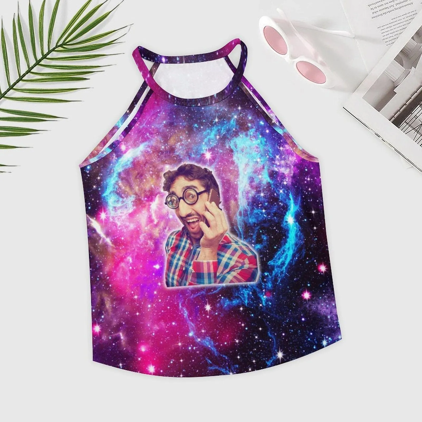 Women's Tops with Custom Face Starry Sky Summer Halterneck Strapless Print Galaxy Vest Shirts Loose Tank Tops