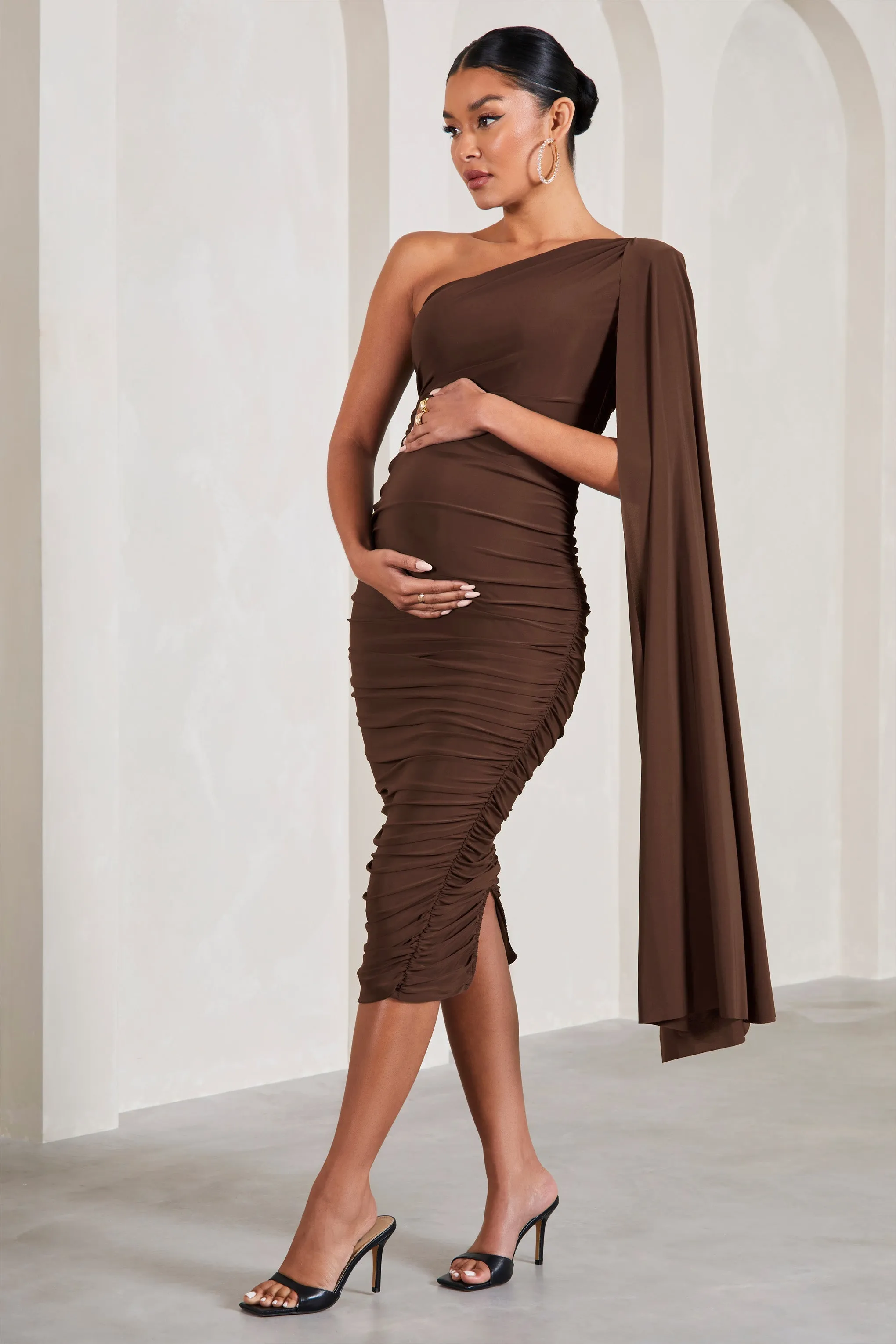 Yara | Chocolate Maternity One Sleeve Ruched Maternity Midi Dress with Cape Sleeve