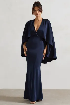 Yasie | Navy Satin Plunge-Neck Maxi Dress With Cape Sleeves