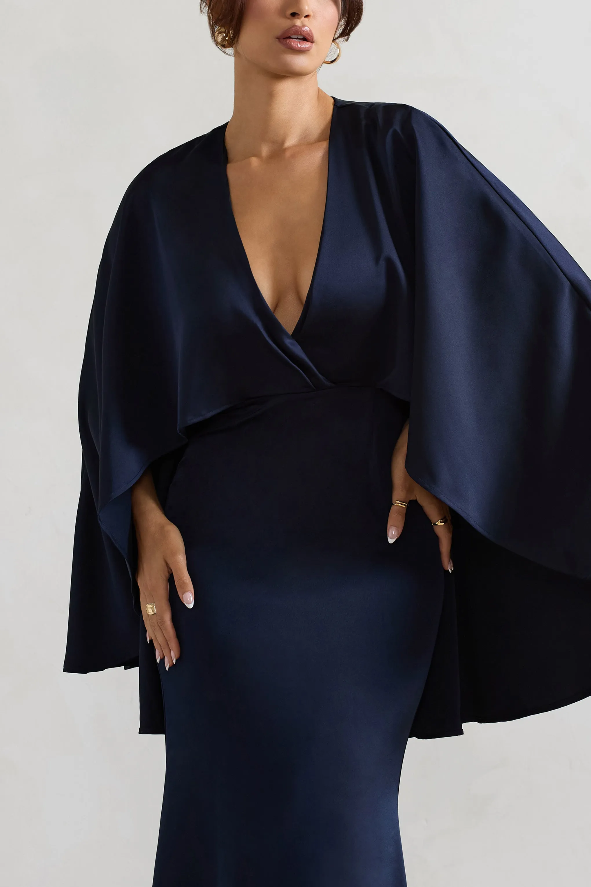 Yasie | Navy Satin Plunge-Neck Maxi Dress With Cape Sleeves