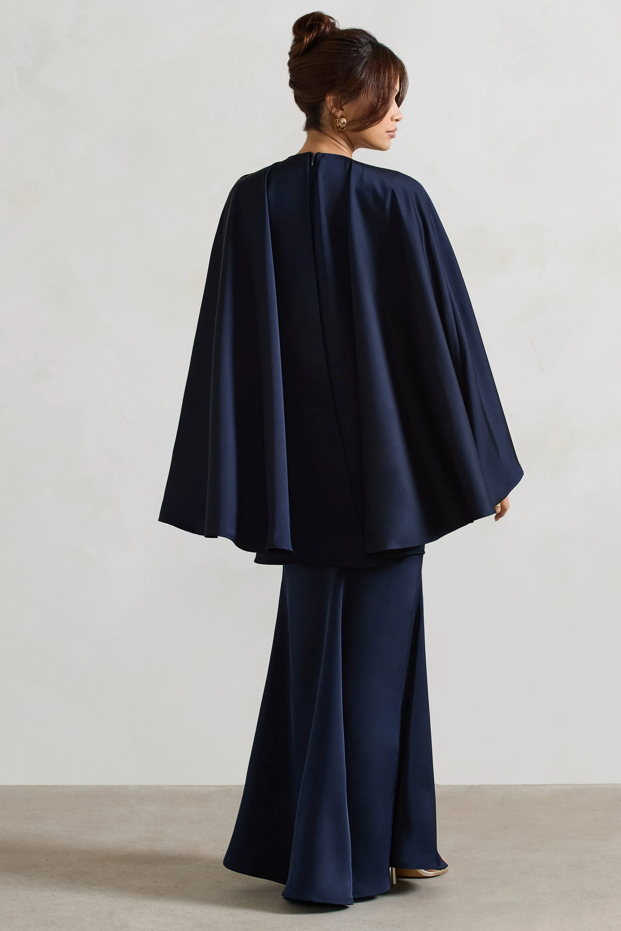 Yasie | Navy Satin Plunge-Neck Maxi Dress With Cape Sleeves