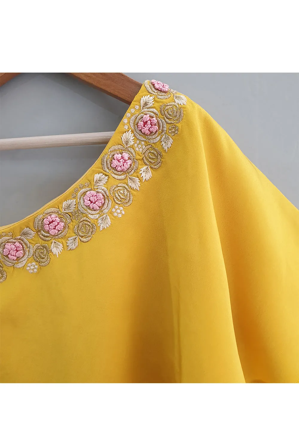 Yellow Flower Embroidered One Shoulder Cape With Palazzo Set