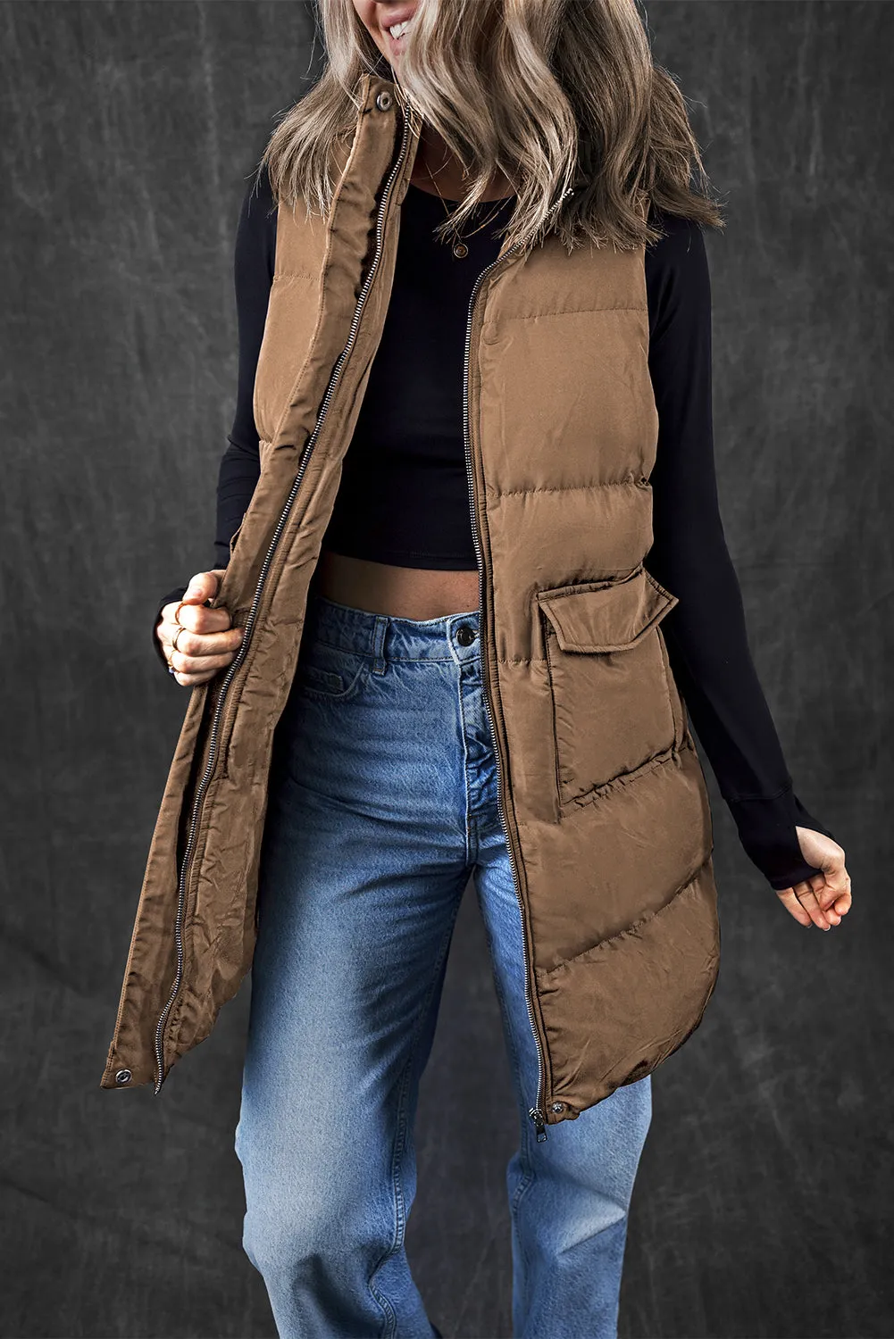 Zip Up Pocketed Longline Puffer Vest