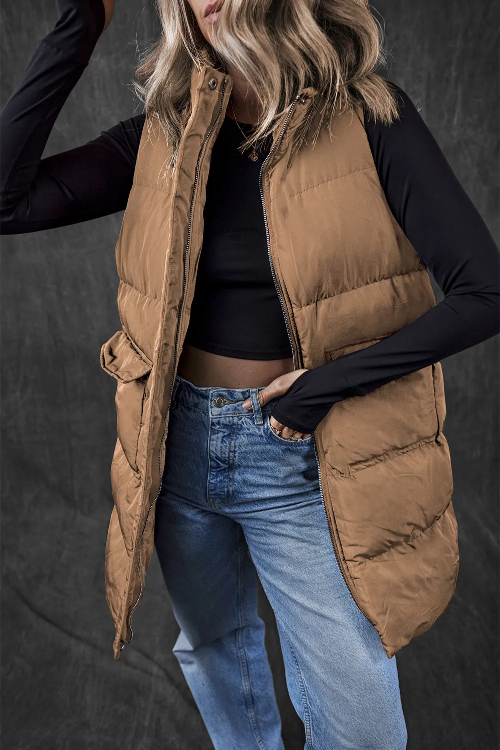 Zip Up Pocketed Longline Puffer Vest