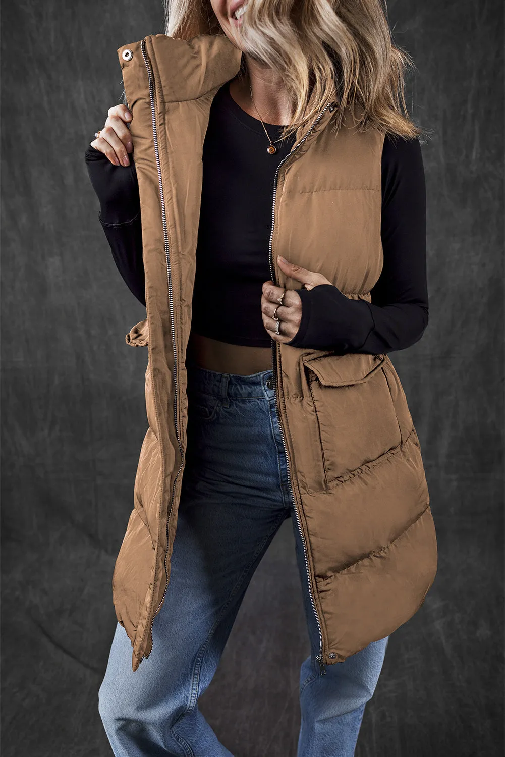 Zip Up Pocketed Longline Puffer Vest